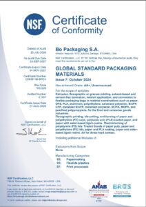 Certificado NSF de conformidad BRCGS Global Standard Packaging Materials, calificación AA+ (auditoría no anunciada), otorgado a BO Packaging