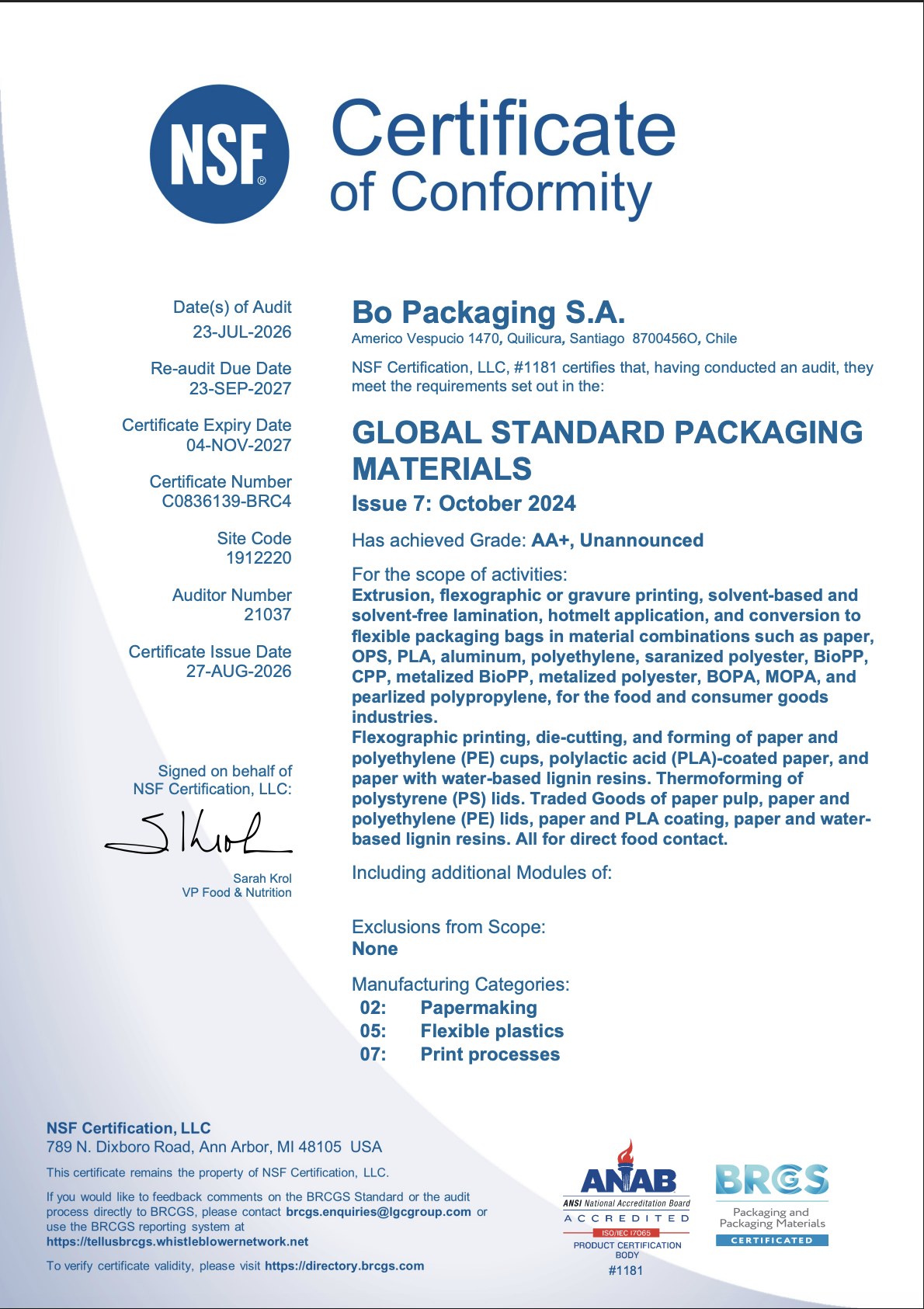 Certificado NSF de conformidad BRCGS Global Standard Packaging Materials, calificación AA+ (auditoría no anunciada), otorgado a BO Packaging